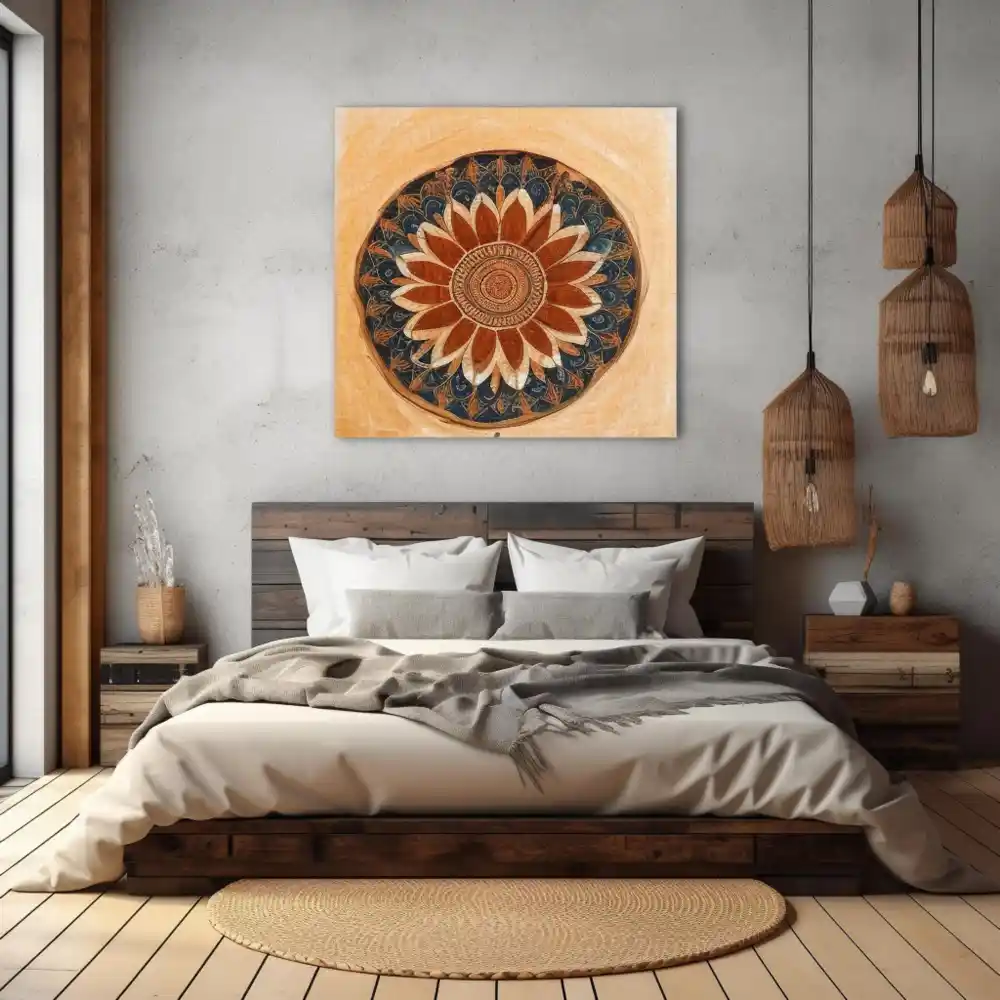 Large woven wall hanging in raw cotton and jute centered above a bed in a warm neutral bedroom
