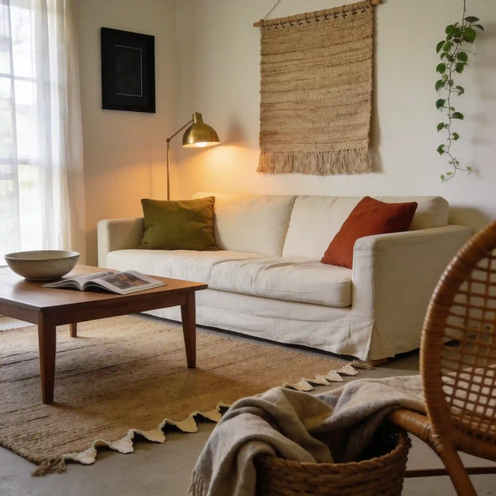 Woven wall hanging above a linen sofa with jute rug, rattan chair, and olive pillows