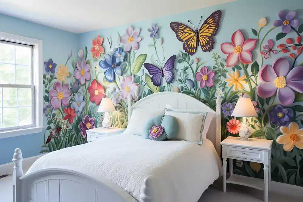 3D paper butterflies climbing a pastel bedroom wall above a styled bed