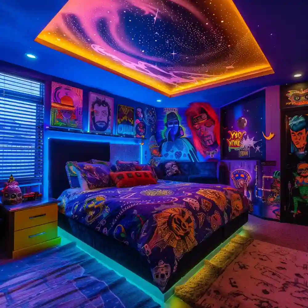 Y2K bedroom ideas shown with chrome lamp, holographic pillow, and mirrored bedside table reflecting light