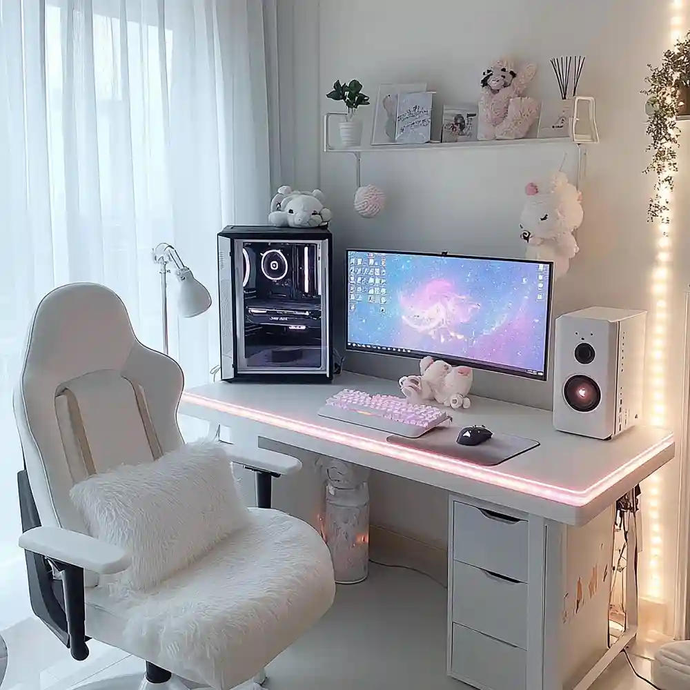 Clear acrylic desk chair and inflatable chair in a glossy Y2K teen bedroom keeping the floor open