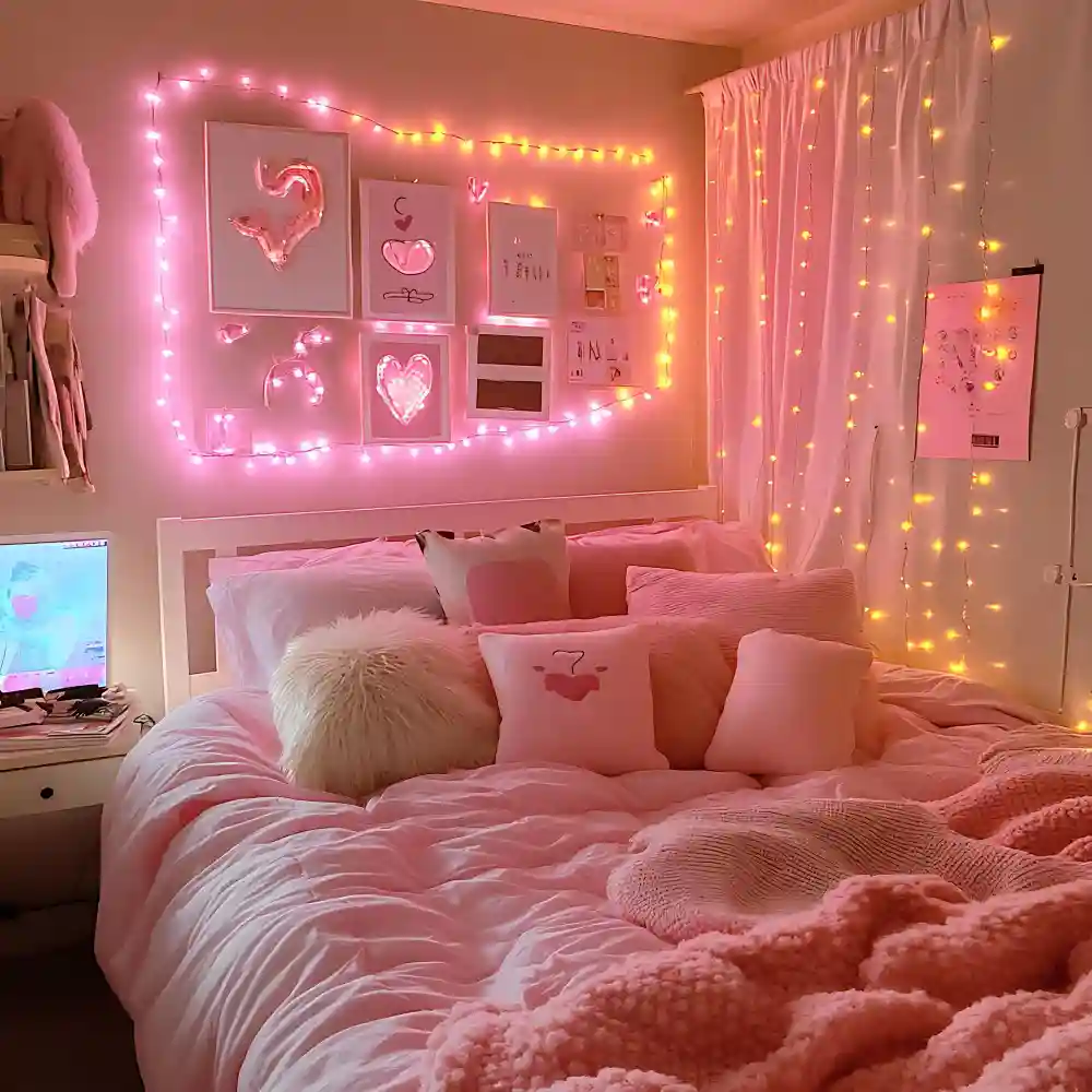 Y2K bedroom details with pink gingham pillow, star mirror, and heart accents on a pinboard