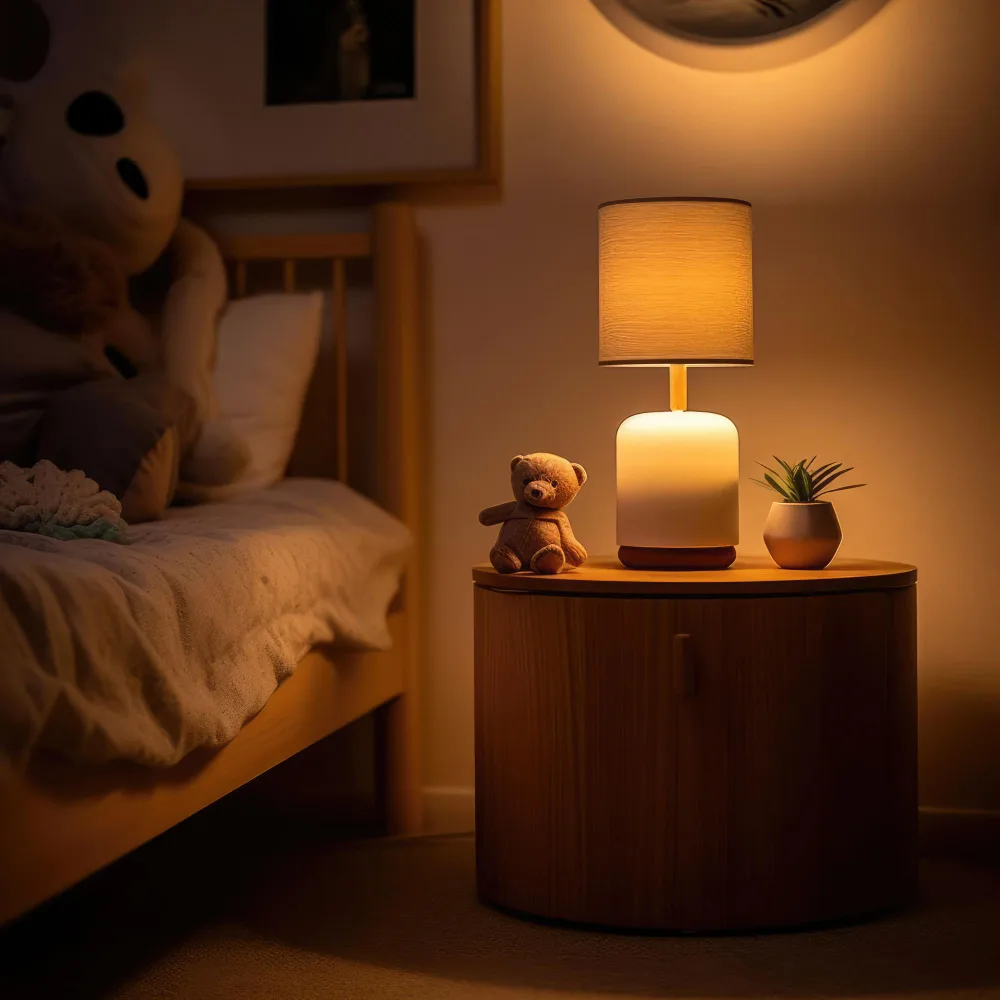 Glowing lava lamp on a nightstand beside a chrome surface in a darkened Y2K bedroom