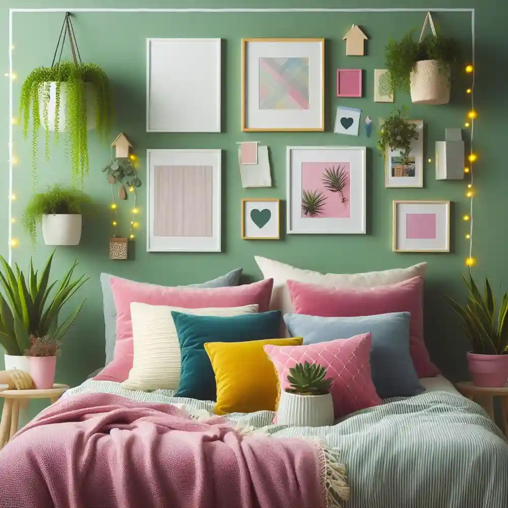 2000s poster and printed-photo grid above a bed framed with fairy lights in a teen bedroom
