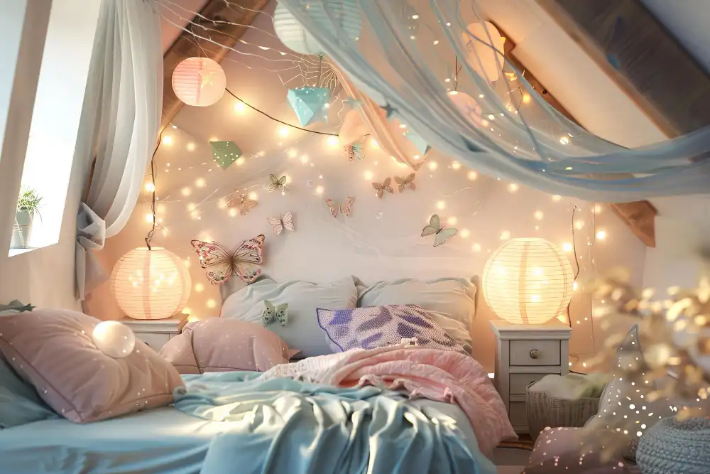 Y2K teen bedroom with lilac walls, butterfly wall decals, chrome lamp, shag rug, and fairy lights glowing