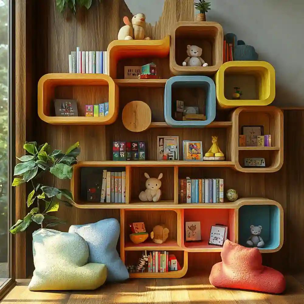 Rainbow corner with clear acrylic cube shelf, colorful storage bins, gel-pen art, and bright trinkets