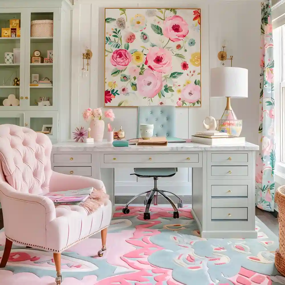 Y2K nostalgia teen bedroom with lilac walls, a pink fluffy shag rug, acrylic chair, and iridescent accessories