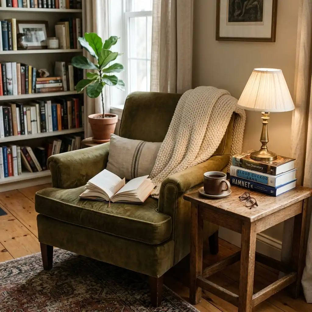 Reading chair with a side table, lamp, and throw all placed within easy arm's reach of the seat