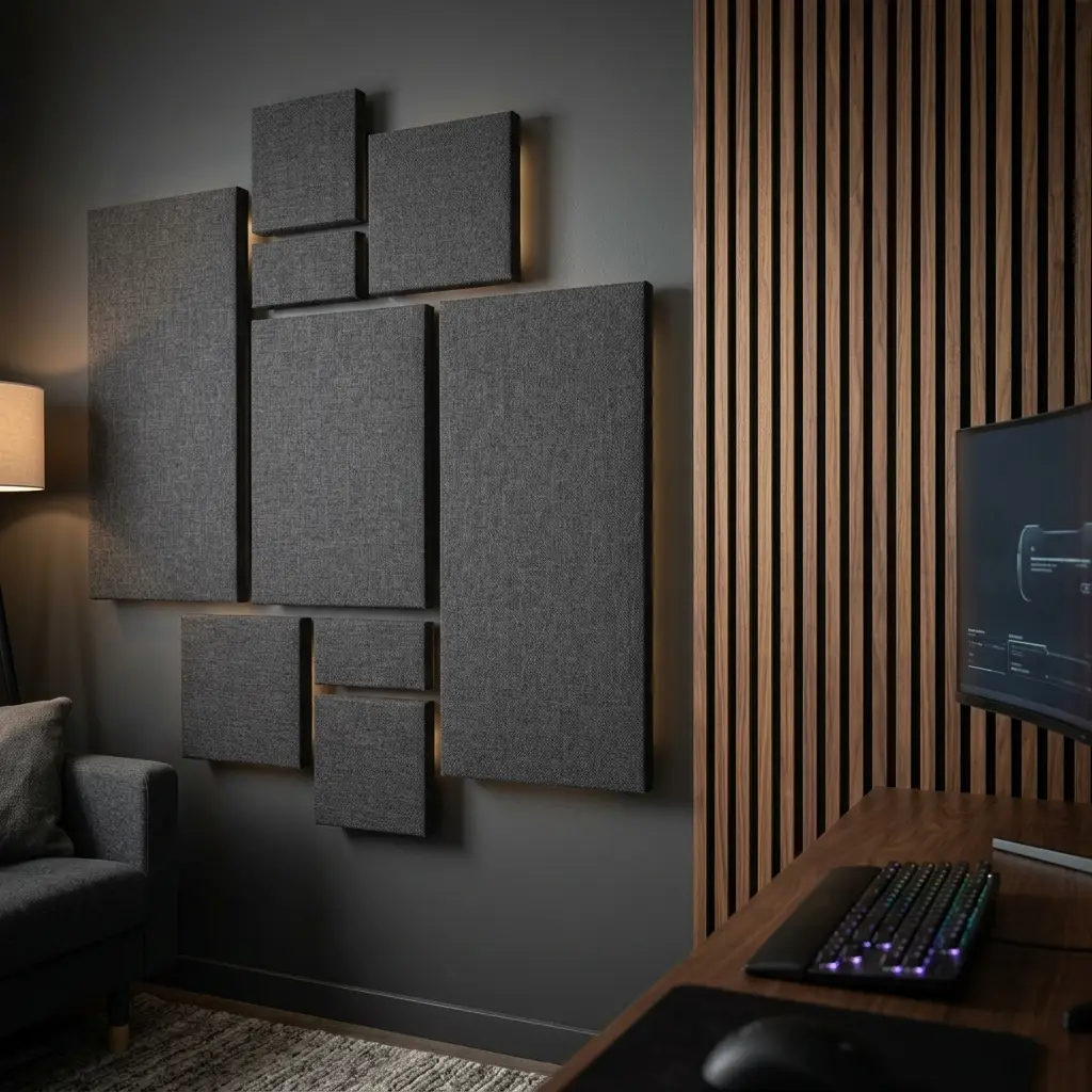 Charcoal fabric-wrapped acoustic panels arranged like wall art beside a slat wood accent section