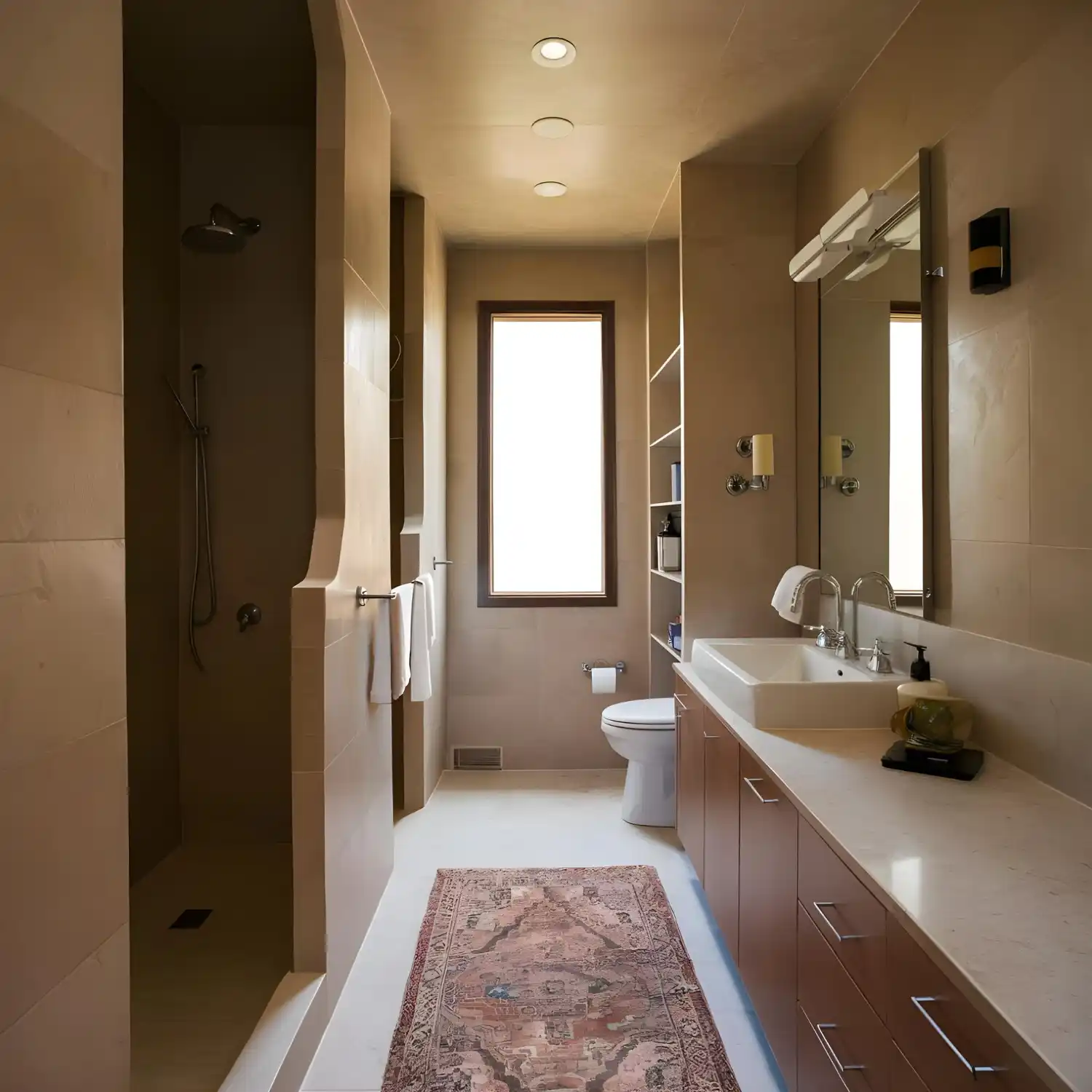 Builder-grade bathroom refreshed with new hardware, a mirror, and styling without any tile changes