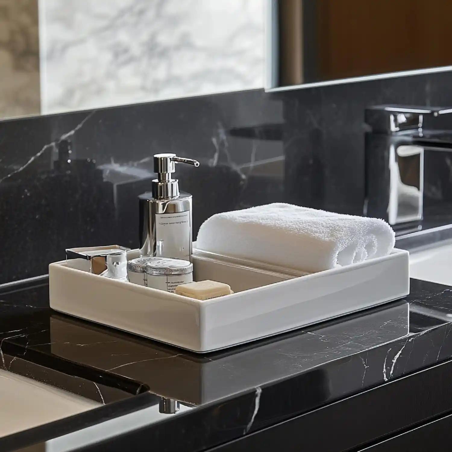 Clutter-free bathroom counter with matching containers and one focal mirror ready for styling