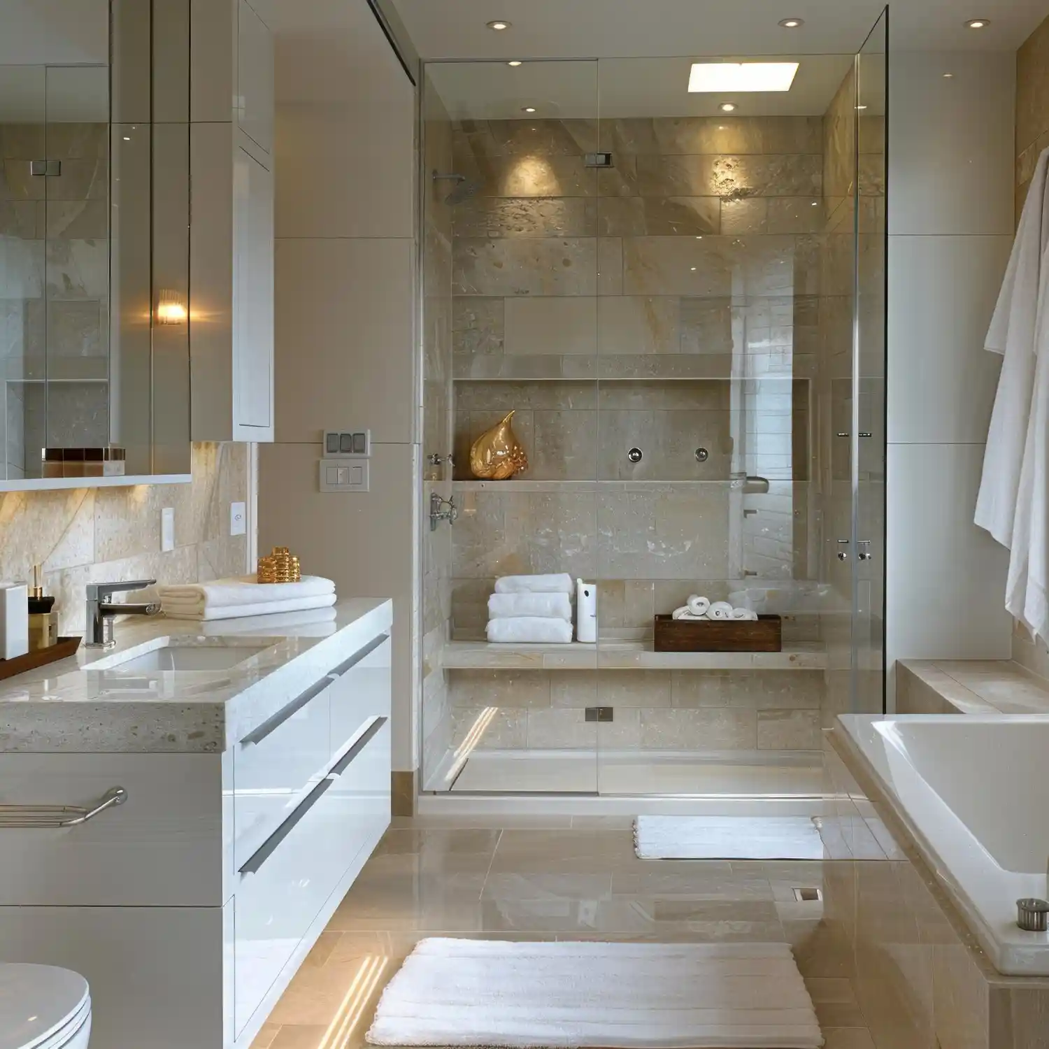 Minimalist floating vanity with straight edges and matte black hardware in a clean bathroom