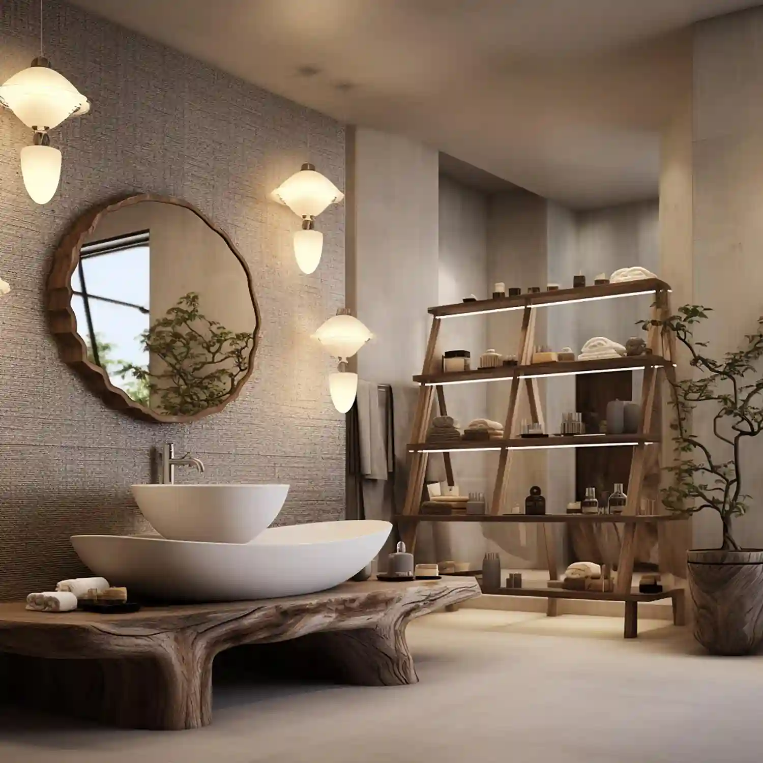 Bathroom vignette showing a warm palette, clean lines, and styled counter details in one look