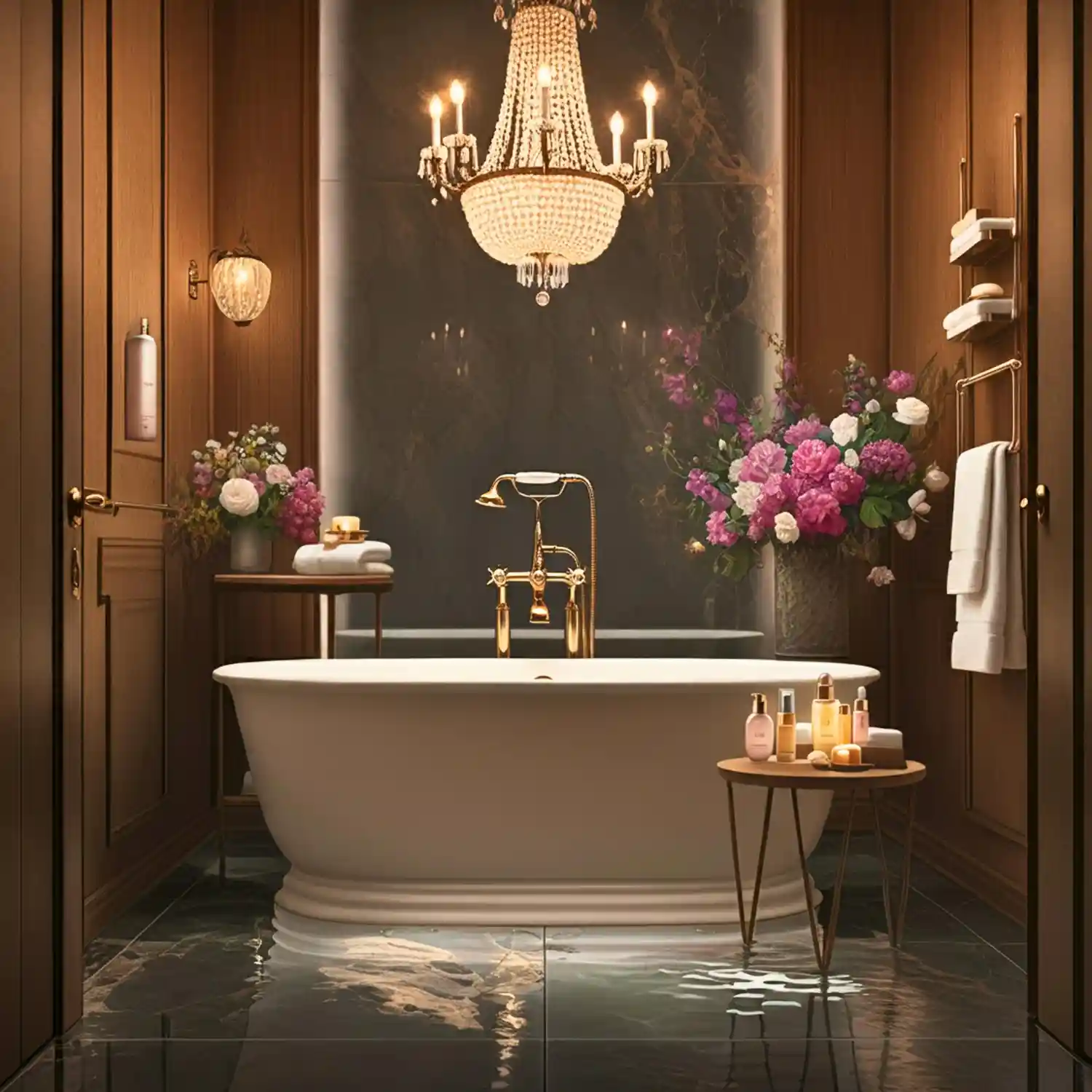 Bathroom counter styled with a ceramic tray, soap pump, and small plant in an aesthetic bathroom palette