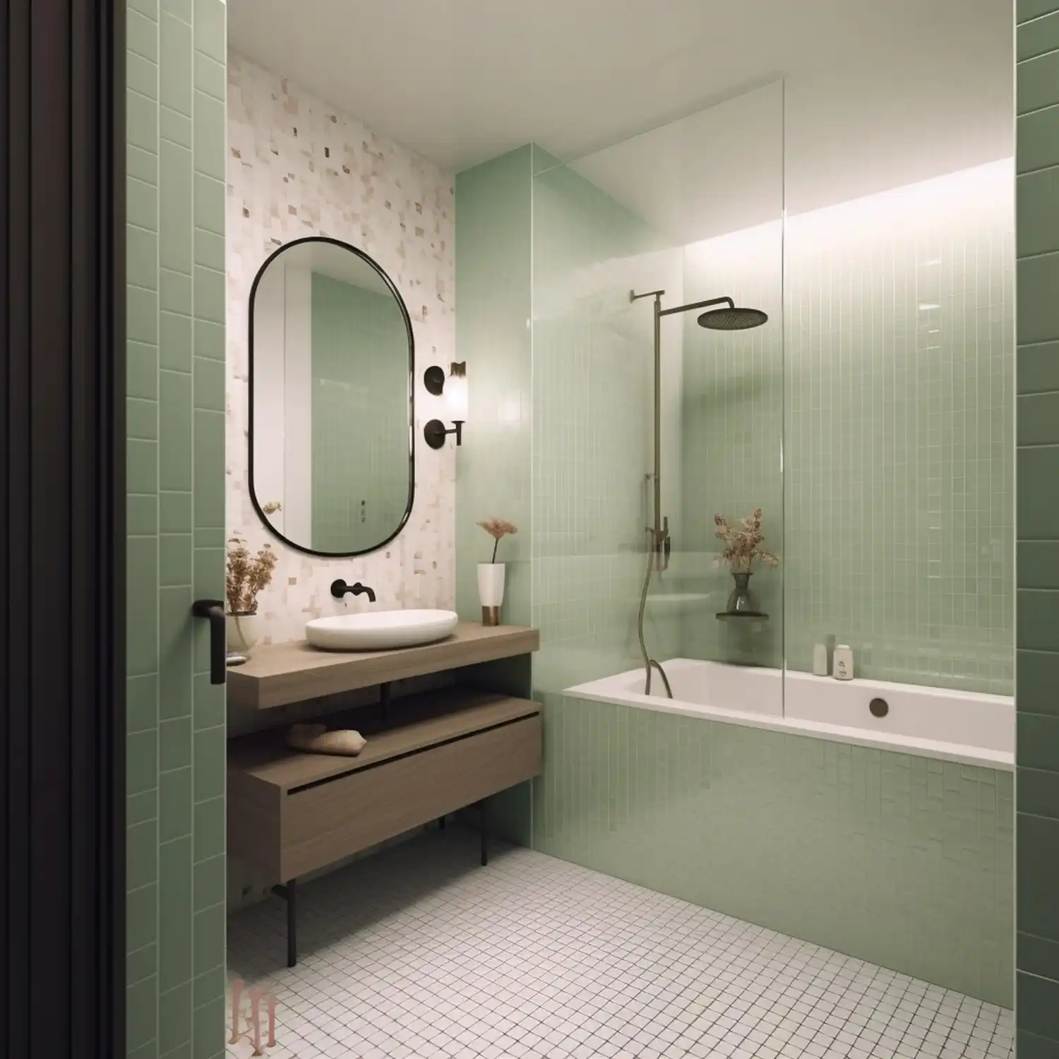 Bathroom palette of warm greige, sage green, and brushed brass shown across textiles and tile