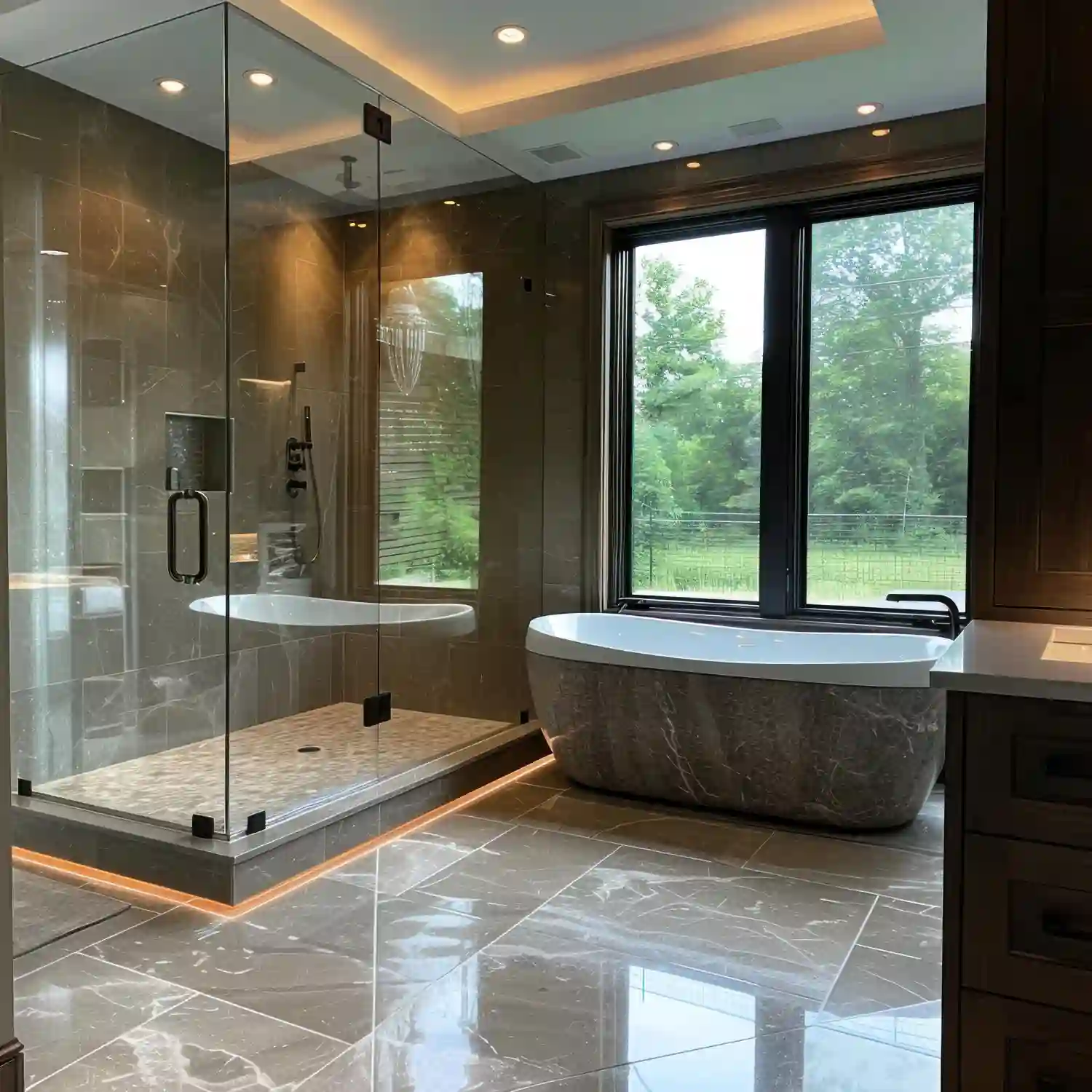 Updated alcove tub-shower combo with a slim glass panel, large-format tile, and warm metal fixtures