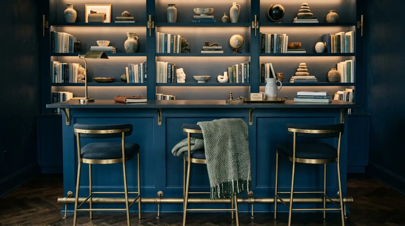 Navy built-in bar and bookshelf run with warm LED shelf lighting, a dark counter and three brass counter stools