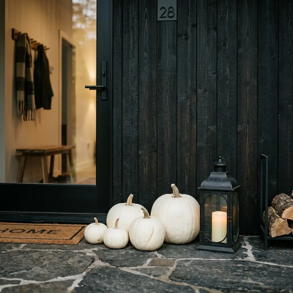 Five white pumpkins in graduating sizes=