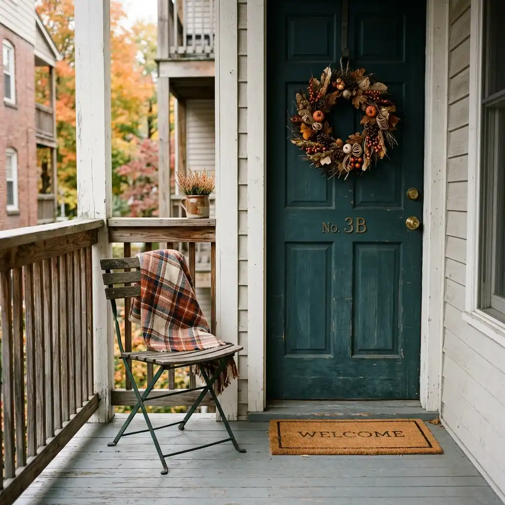 Covered rental porch landing with a fall wreath on a teal door numbered 3B, a folding bistro chair with a plaid throw and a welcome mat