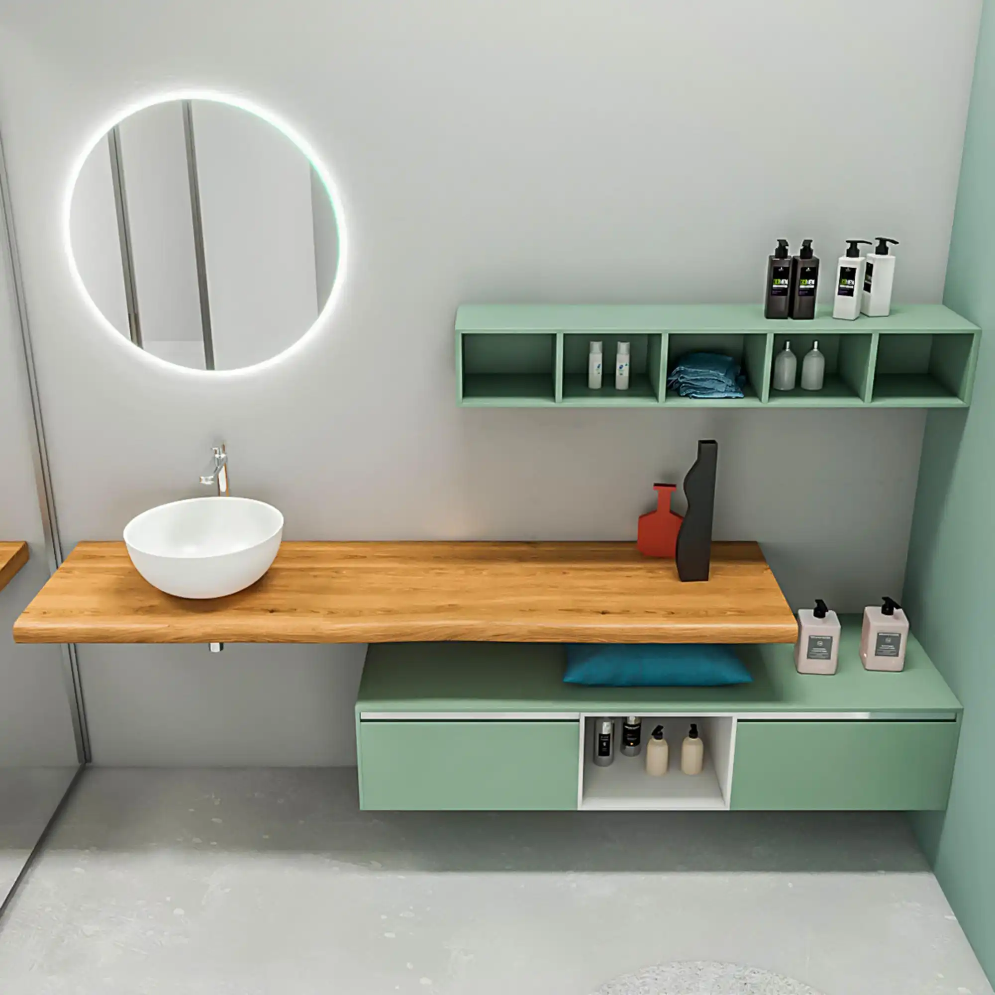 Flat lay of renter bathroom supplies including Command hooks, a tension rod, wallpaper roll, and a labeled hardware bag