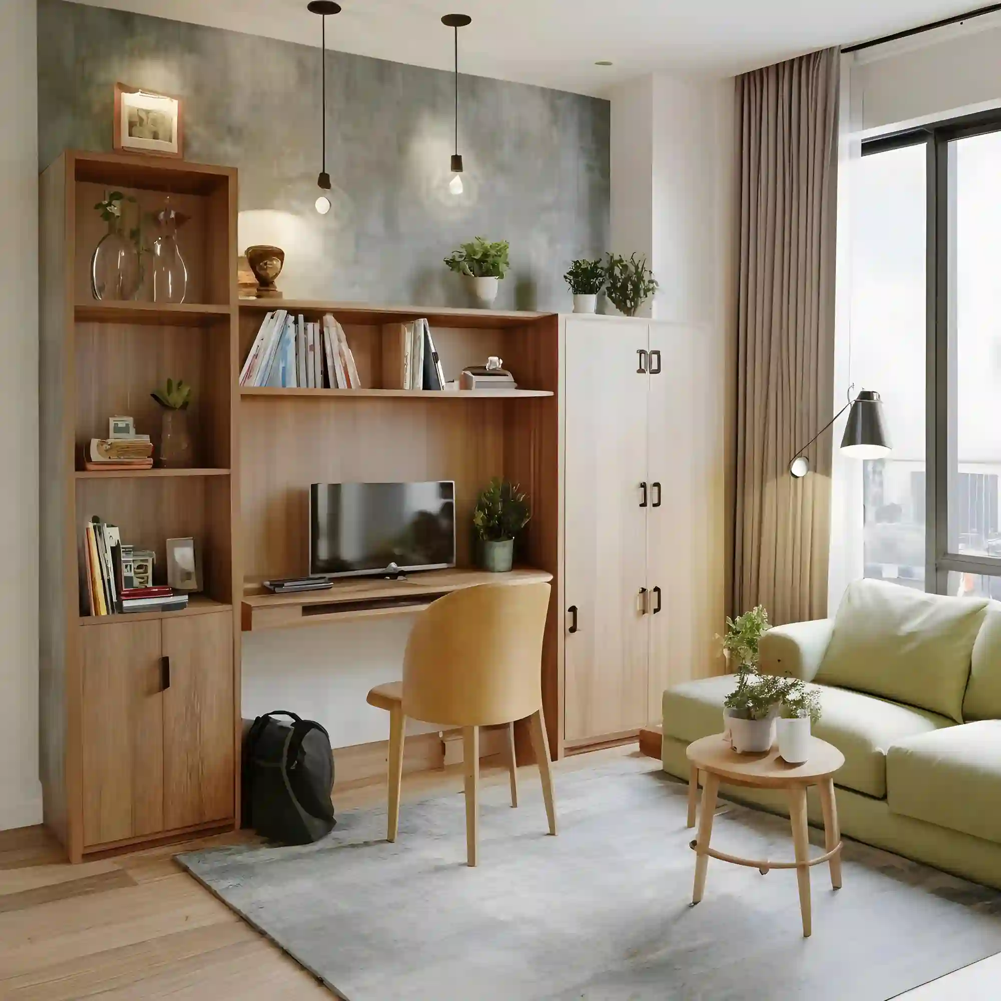 Low bookshelf and area rug dividing a small apartment into living and sleeping zones