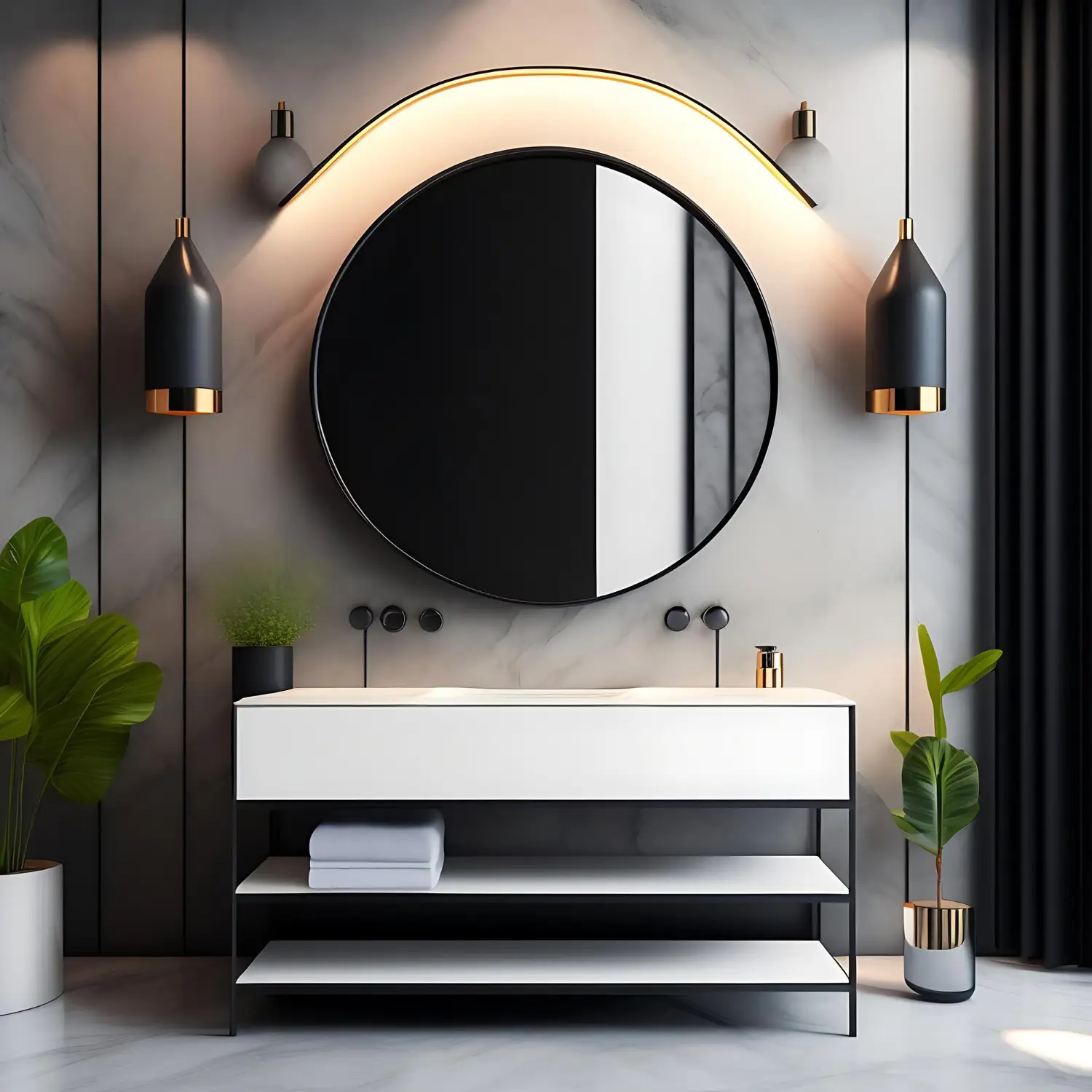 Slim black metal arch-top mirror softening a square tiled wall above a floating oak vanity