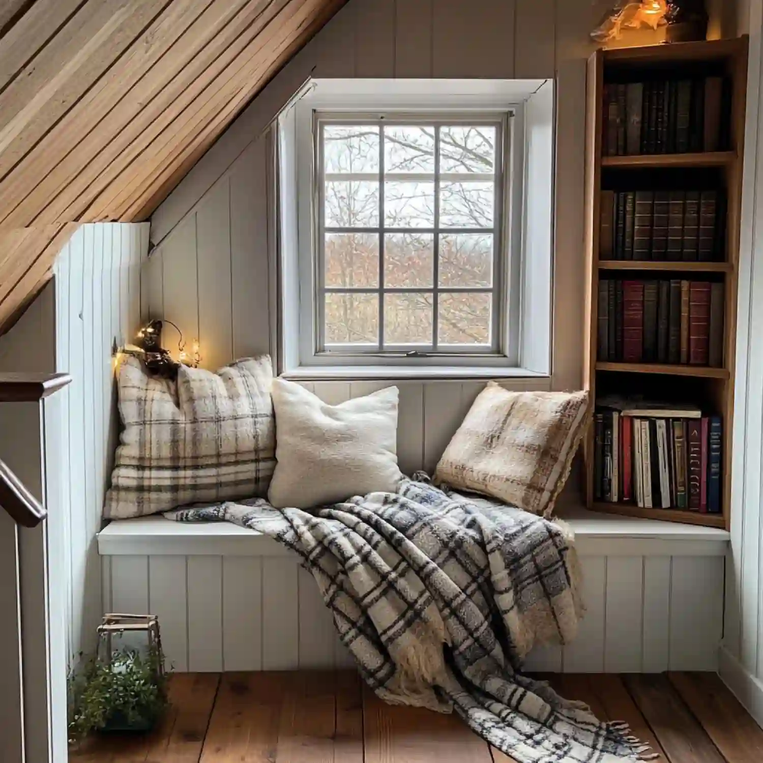 Dormer reading nook with cognac chair, walnut cabinet, stone side table, forest green walls, and antique brass lamp