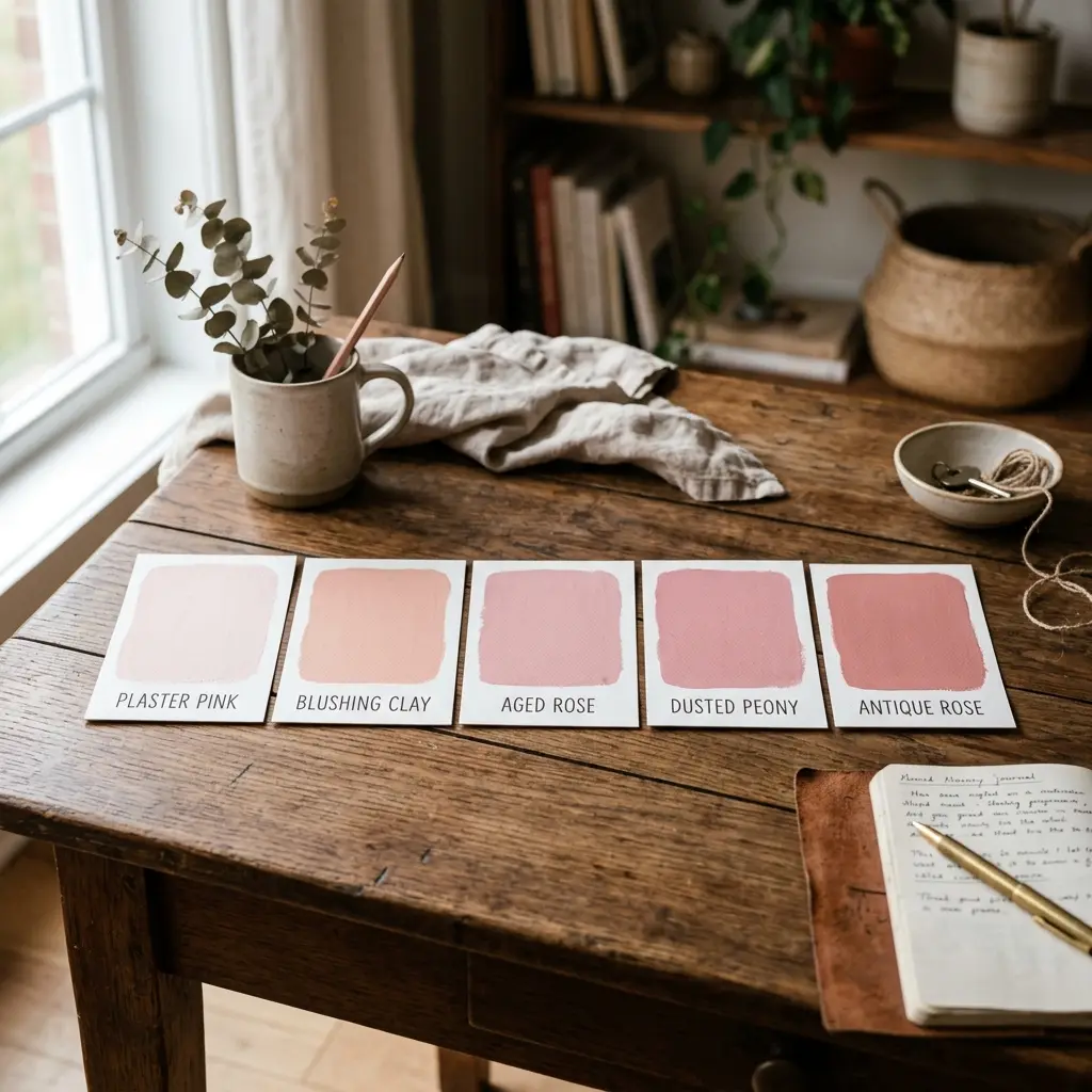 Five pink paint samples from plaster pink to antique rose laid side by side on a wooden table