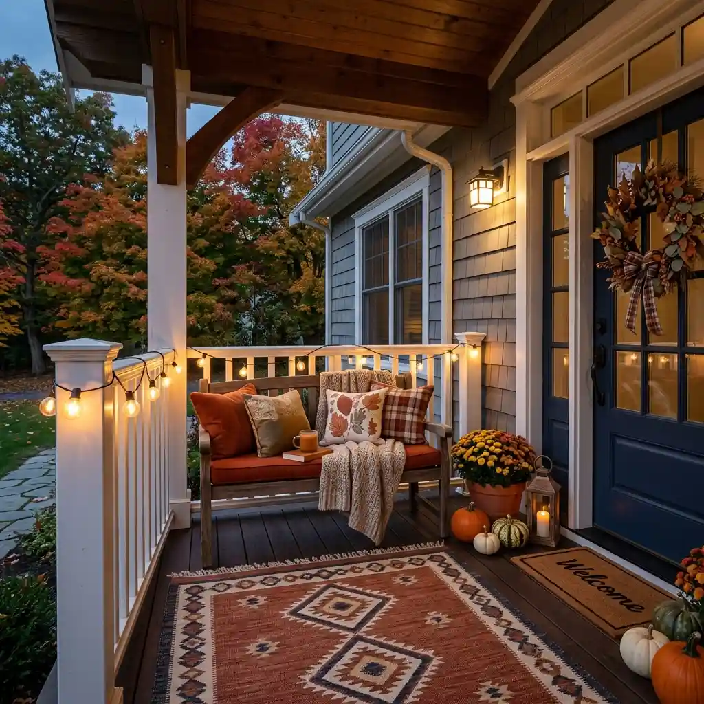 Autumn porch furnished with a two-seat loveseat, olive cushions, and a low wooden side table