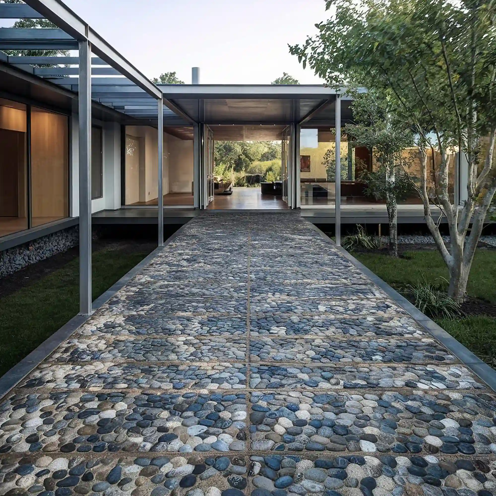 Bare concrete patio beside a finished canopy lounge with planters, washable rug, compact sofa, and warm lamps