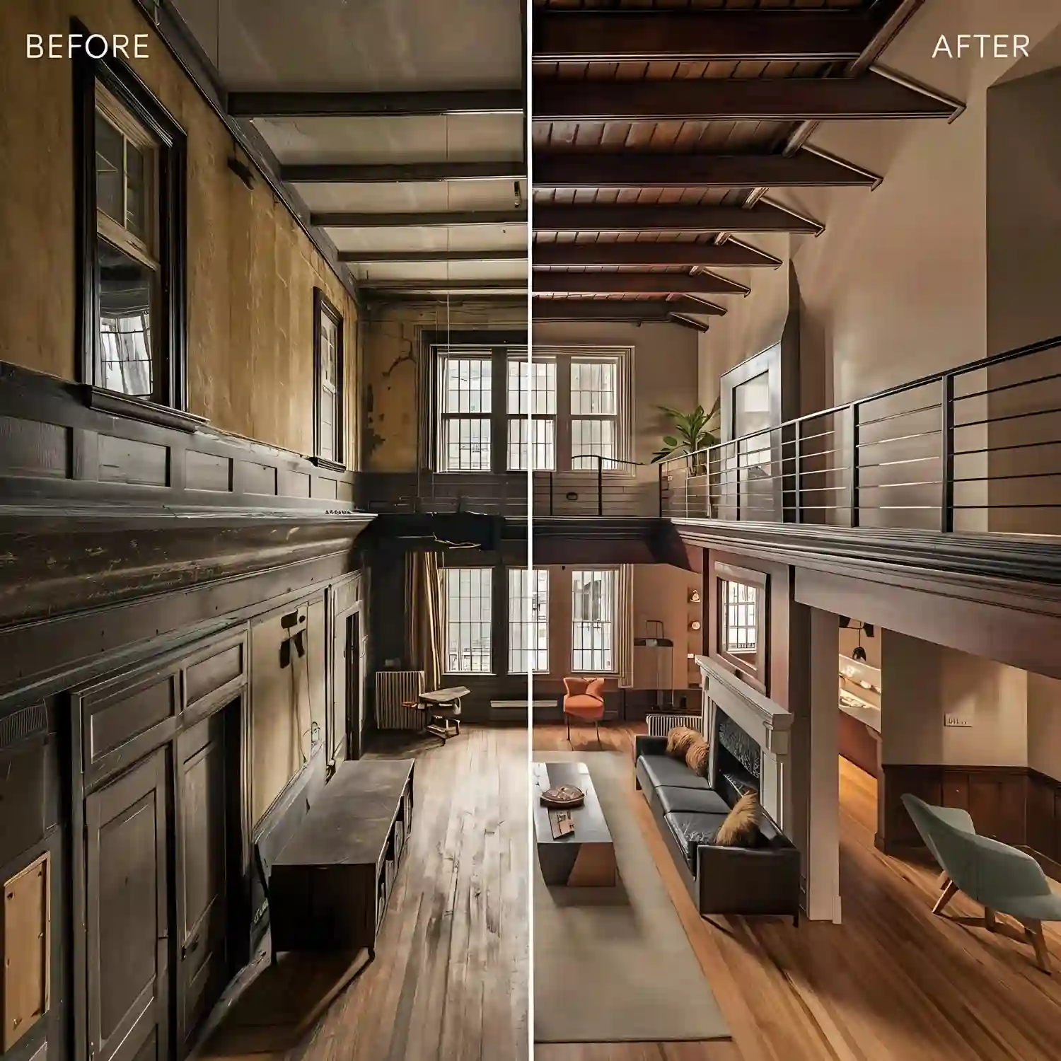 Cluttered tool shed beside a finished lounge version with closed storage, charcoal rug, and a low media console