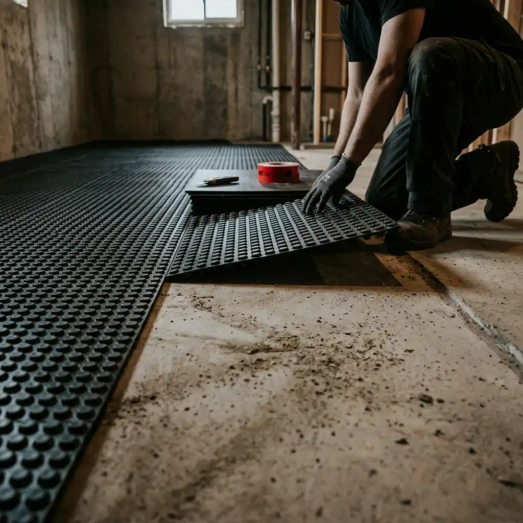 Bare grey concrete slab in a half-converted garage man cave with a sofa and mini fridge