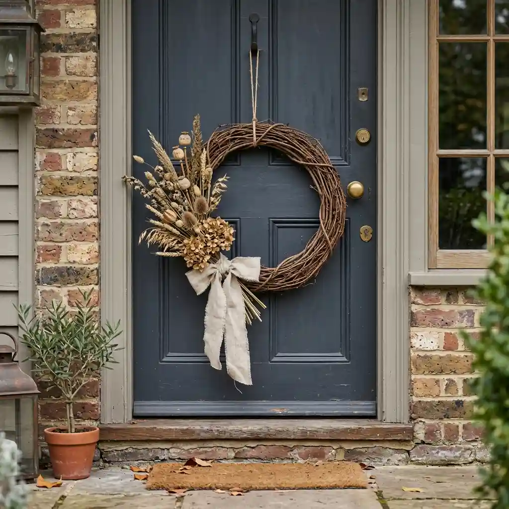 Bare grapevine wreath with a small asymmetric cluster of dried seed heads and linen ribbon