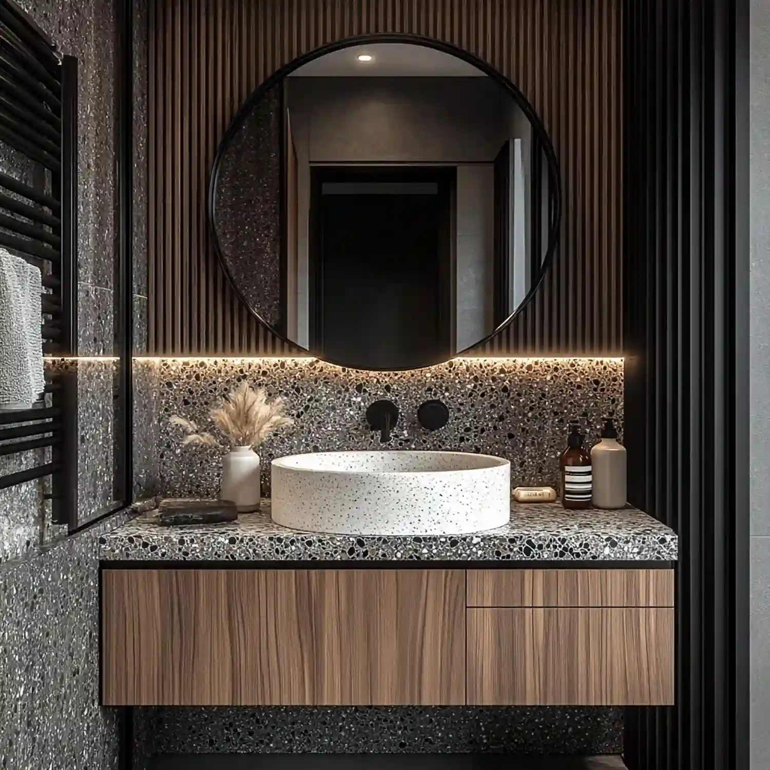 Freestanding tub set against a veined marble slab wall with matte black filler tap