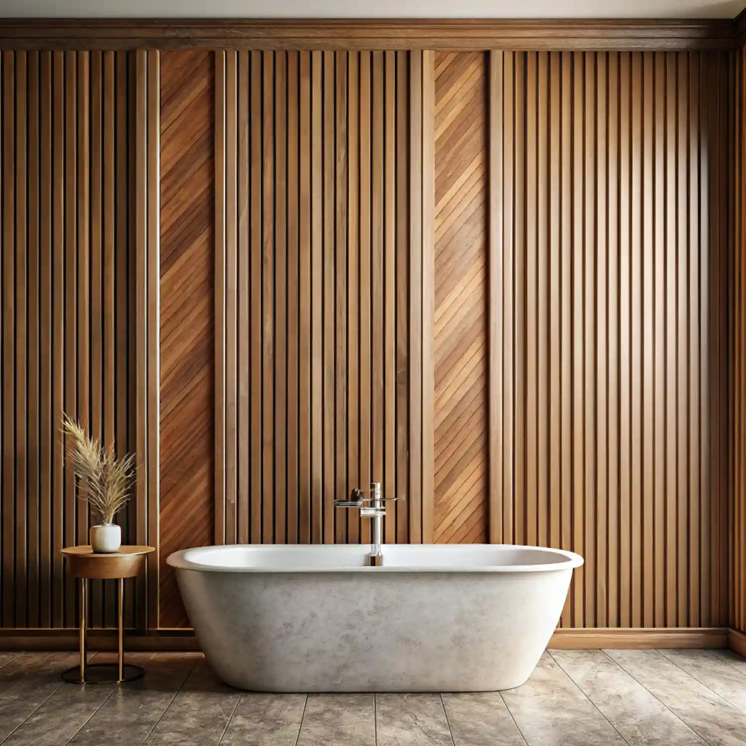 Vertical fluted wood panel wall in a modern bathroom with warm oak tone and soft shadow lines
