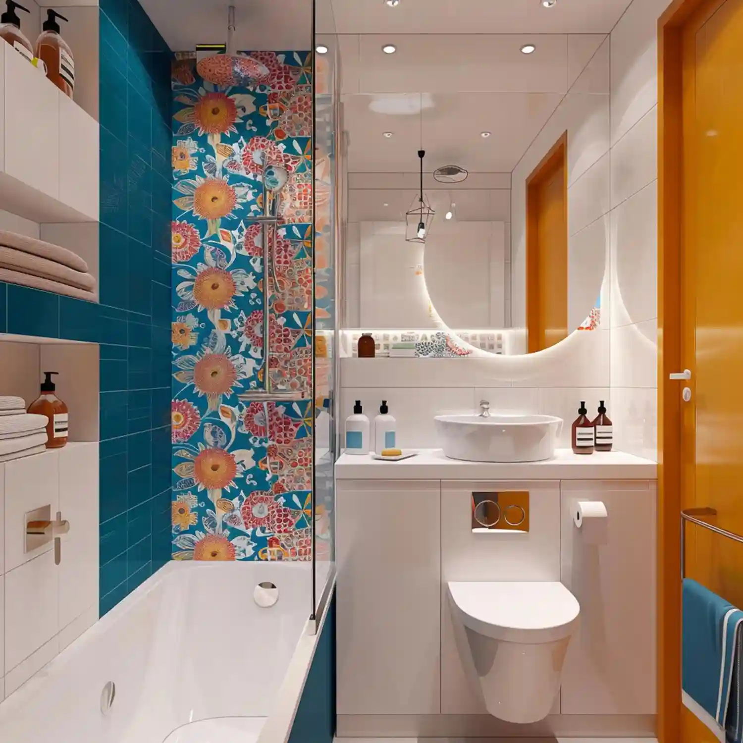 Sage green glossy zellige tile wall behind a floating vanity with brass tap and white basin