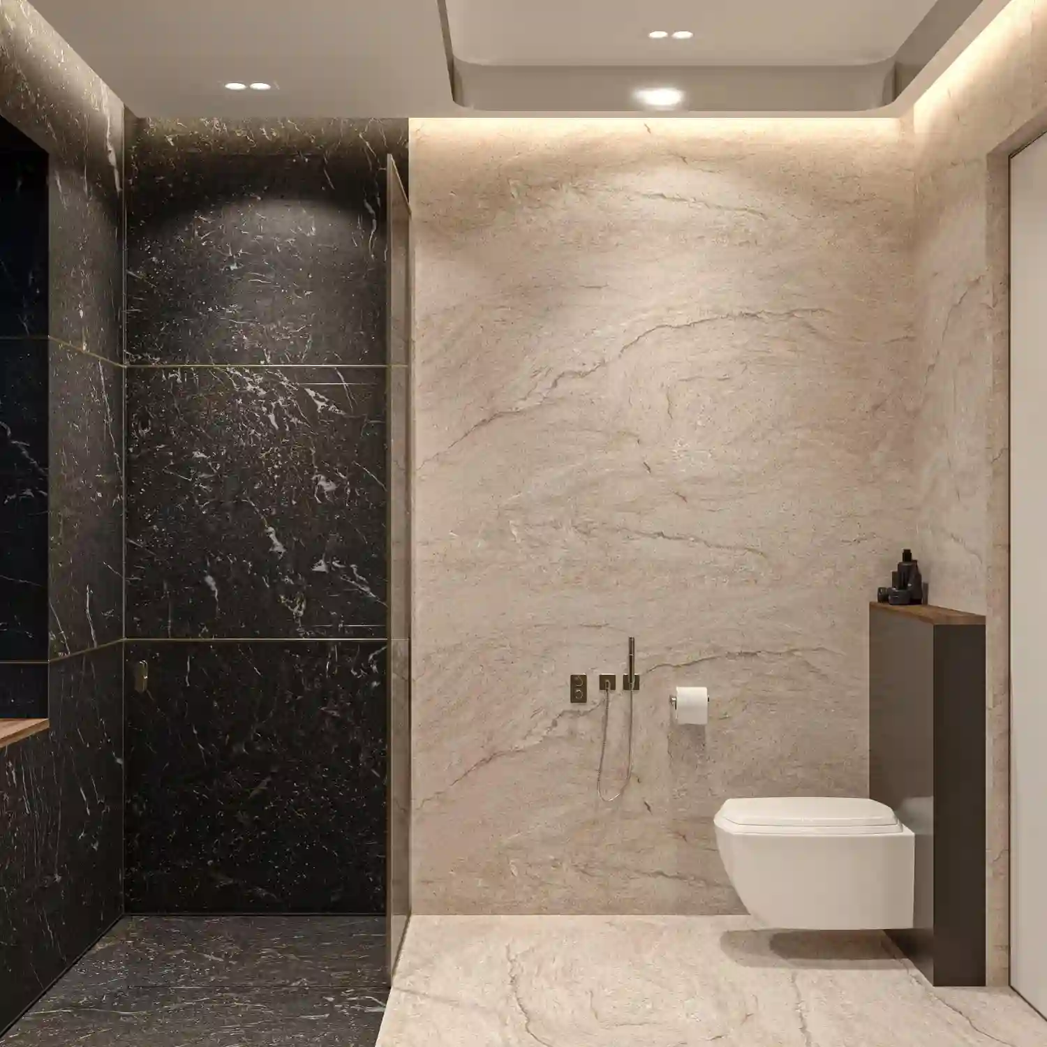Vanity wall finished in bold color as the room's focal point with plain white side walls