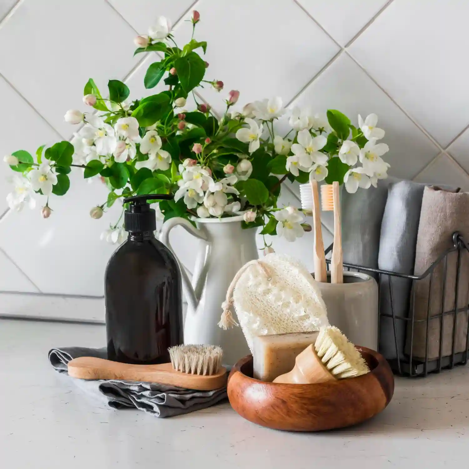 Flat lay of curated bathroom counter pieces including glass pump, ceramic tumbler, wood tray, and jars