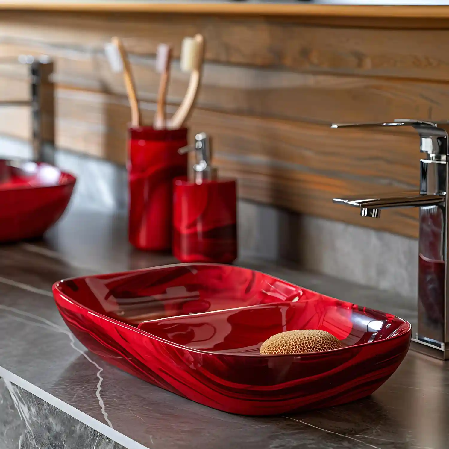 Collected bathroom vanity vignette mixing ceramic, wood, glass, and aged brass on a marble counter