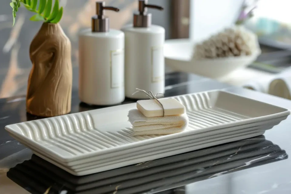 Curated bathroom counter with glass soap pump, oak tray, ceramic jar, and stone dish in warm neutral tones