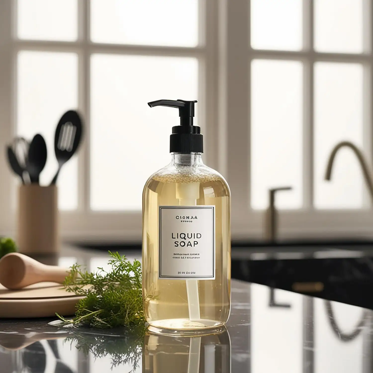 Refillable glass soap dispenser with matte black pump top on a bathroom vanity counter