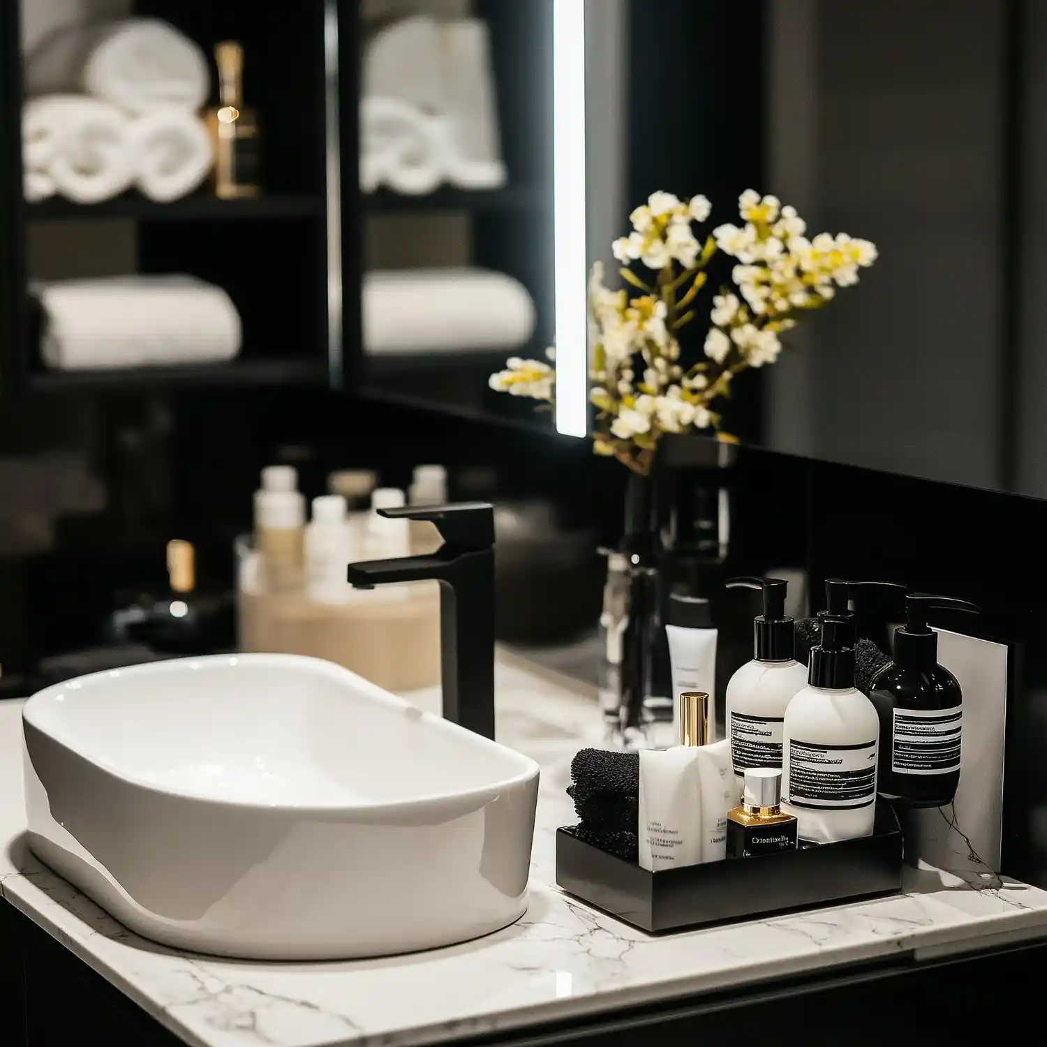 Styled hotel-style bathroom vanity counter with minimal aged-brass accessories and soft greenery
