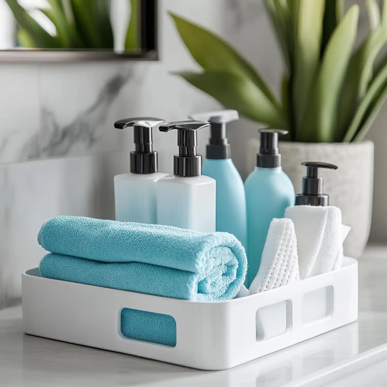 Dated glossy plastic matching five-piece bathroom accessory set on a plain counter