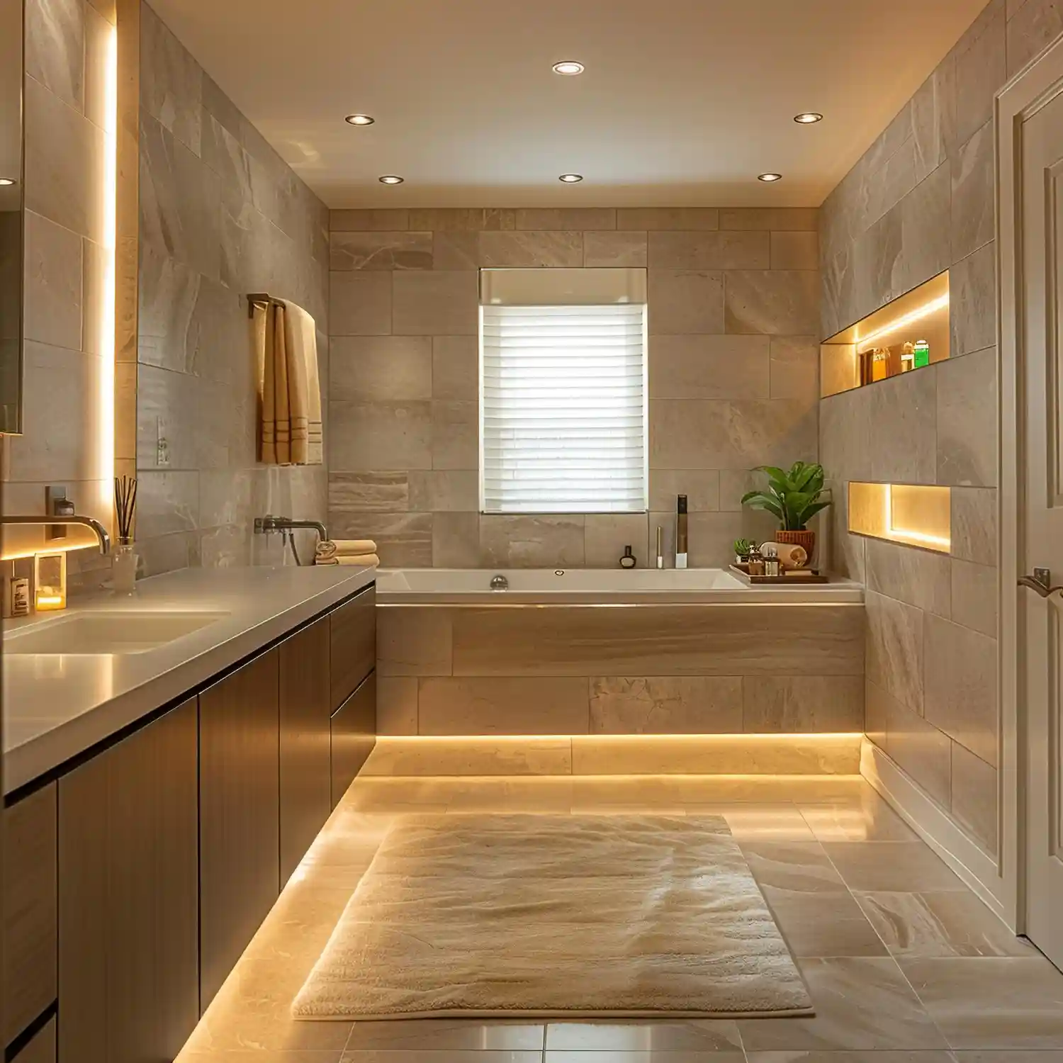 Soft even ambient ceiling light filling a warm neutral bathroom without hot spots
