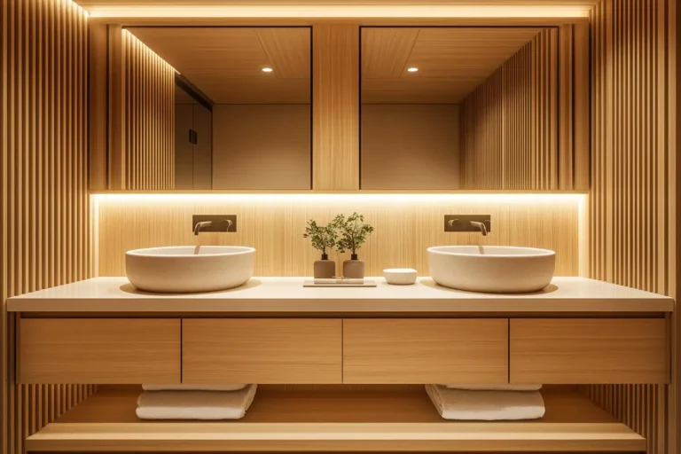 Wide light-oak bathroom vanity with two stone vessel basins against a warm wood-slat wall under soft under-cabinet lighting
