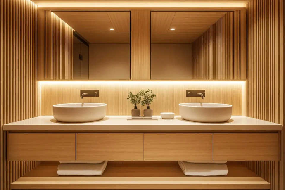 Wide light-oak bathroom vanity with two stone vessel basins against a warm wood-slat wall under soft under-cabinet lighting