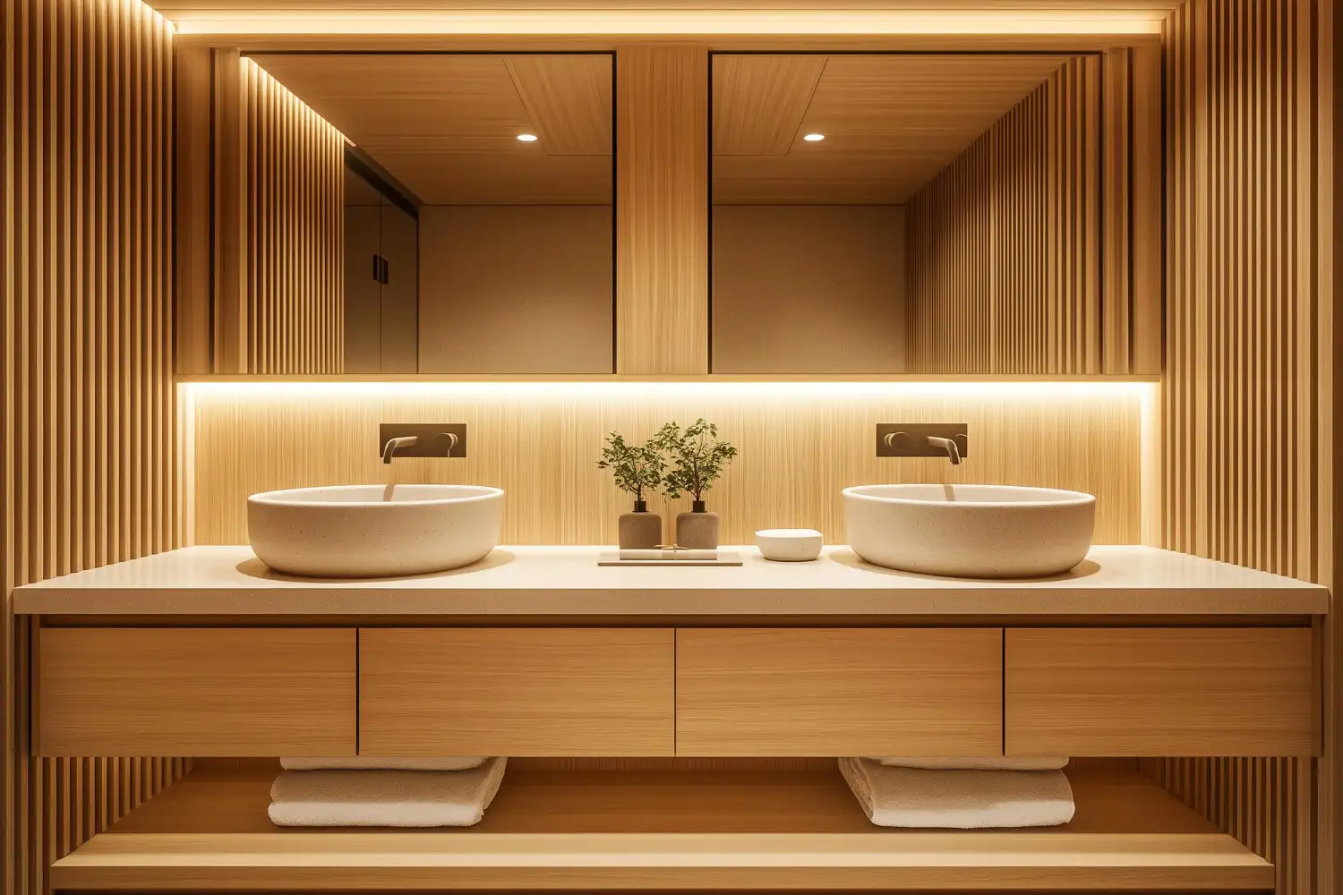 Warm white oak bathroom vanity with fluted drawer fronts, brushed brass pulls, and stone countertop