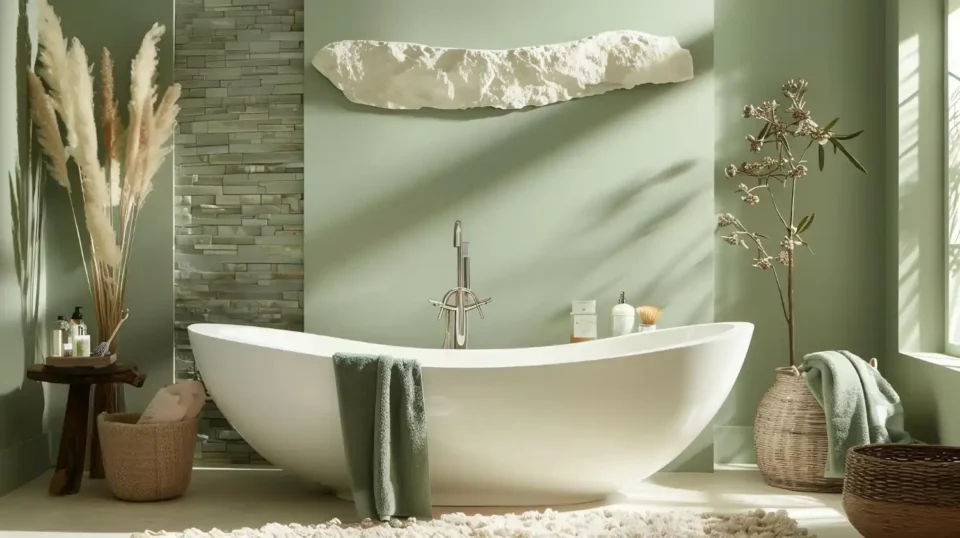 Bright bathroom with sage green vanity, white tile, brass hardware, and a warm neutral wall