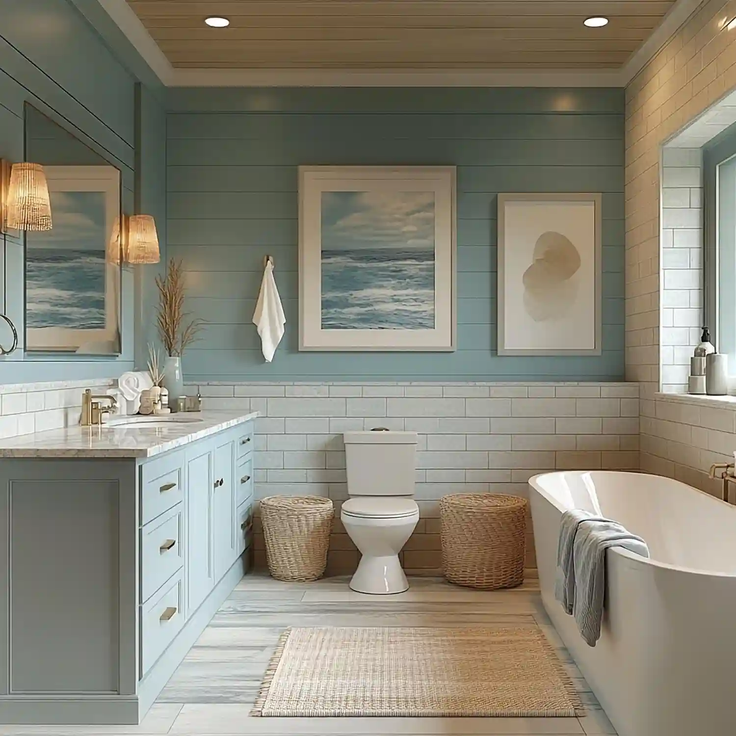 Bathroom color palette with warm white walls, sage accent tile, and brass mirror and fixtures
