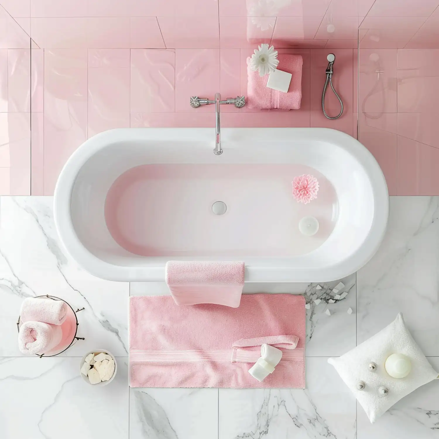 Flat lay of bathroom paint chips, tile samples, towels, and a tape measure for color planning